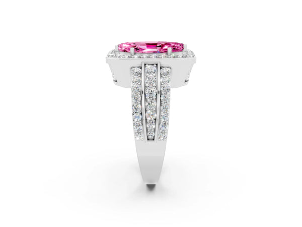 Platinum Marquise Cut Halo Pink Sapphire Ring with Round  Split Shank and Prong Setting