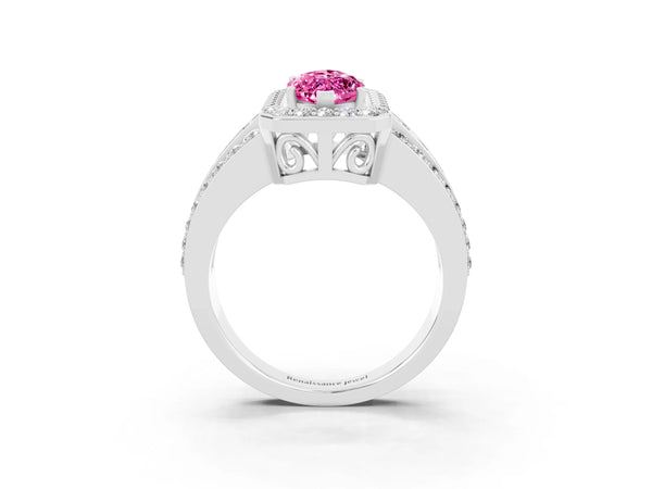 Platinum Marquise Cut Halo Pink Sapphire Ring with Round  Split Shank and Prong Setting
