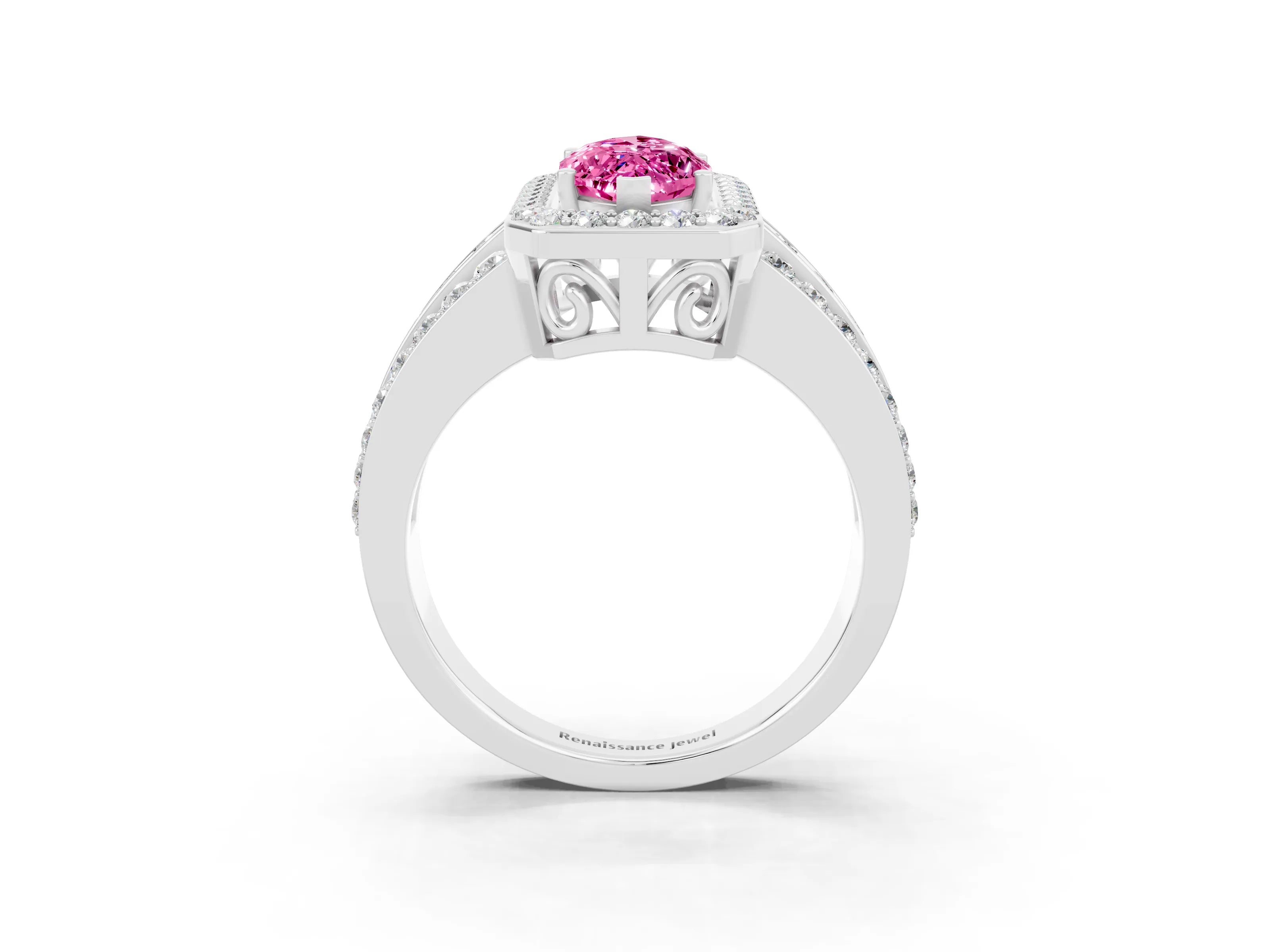 White gold Marquise Cut Halo Pink Sapphire Ring with Round  Split Shank and Prong Setting_39