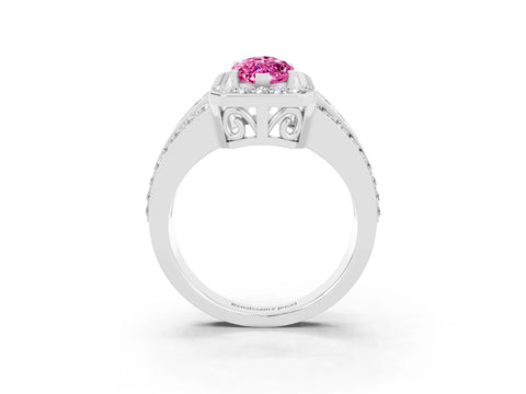 White gold Marquise Cut Halo Pink Sapphire Ring with Round  Split Shank and Prong Setting_39