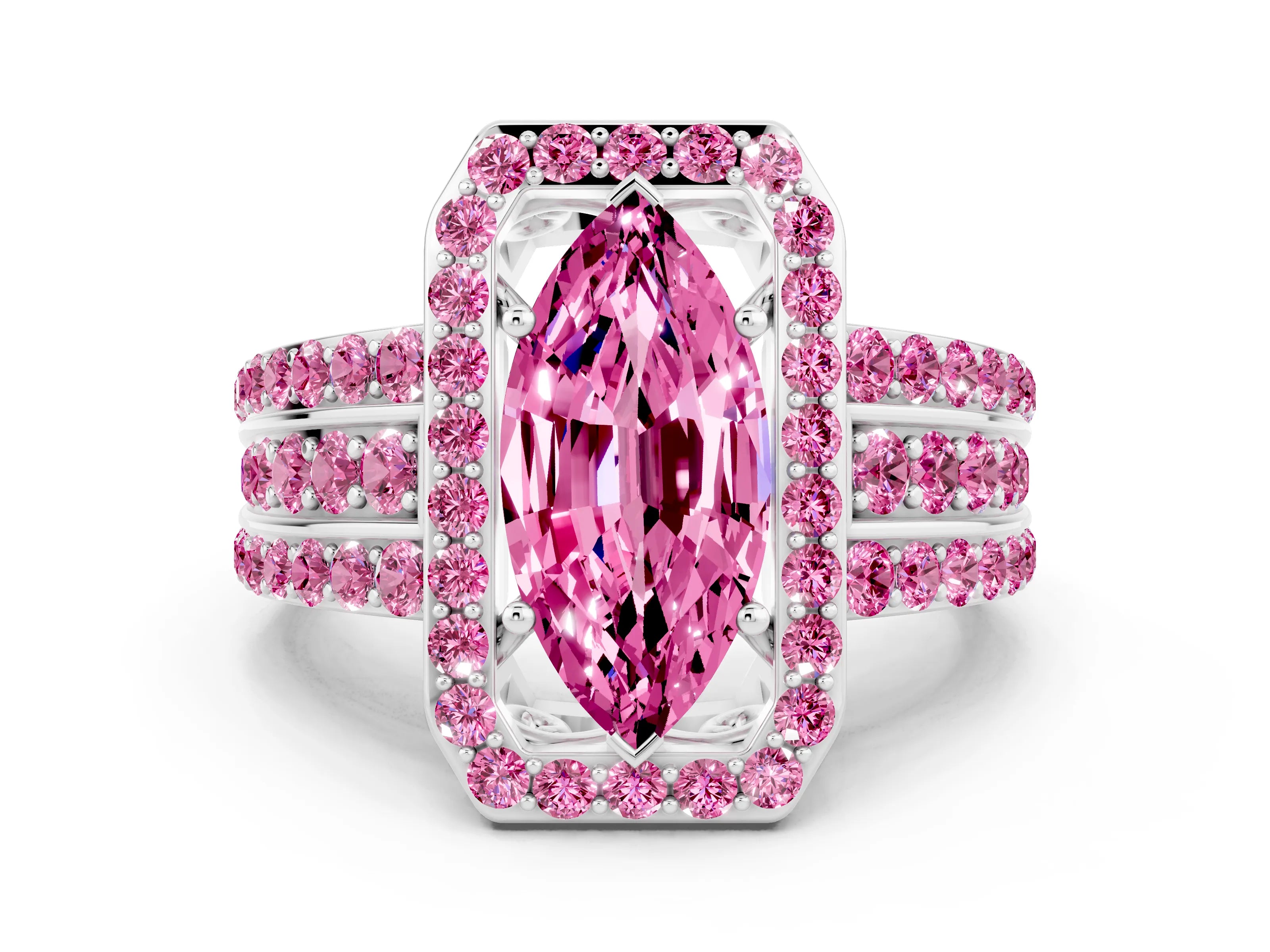 White gold Marquise Cut Halo Pink Sapphire Ring with Split Shank and Four-Prong Setting