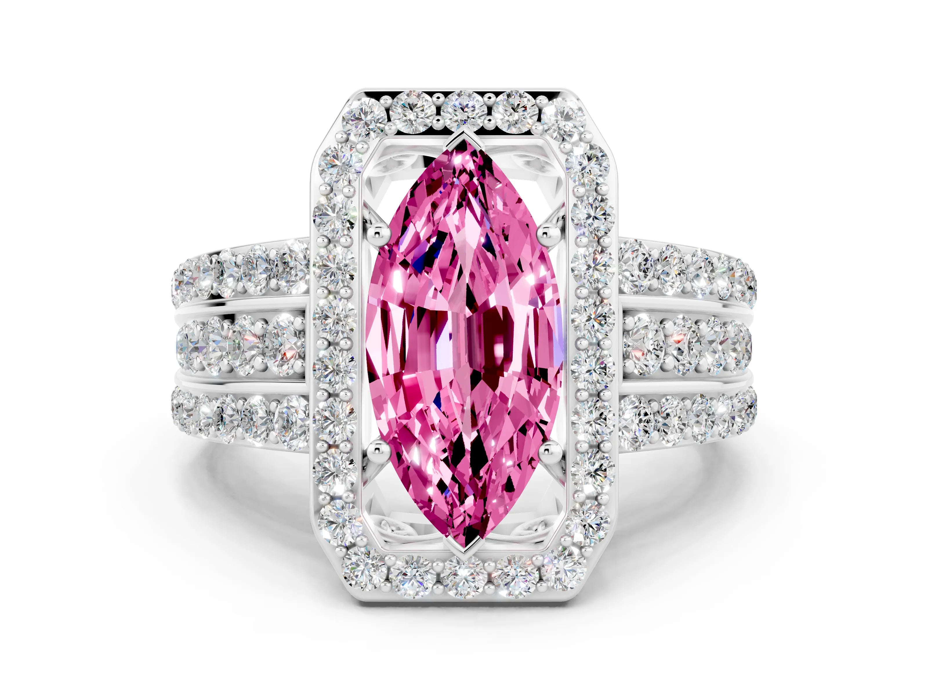 White gold Marquise Cut Halo Pink Sapphire Ring with Split Shank and Four-Prong Setting_24