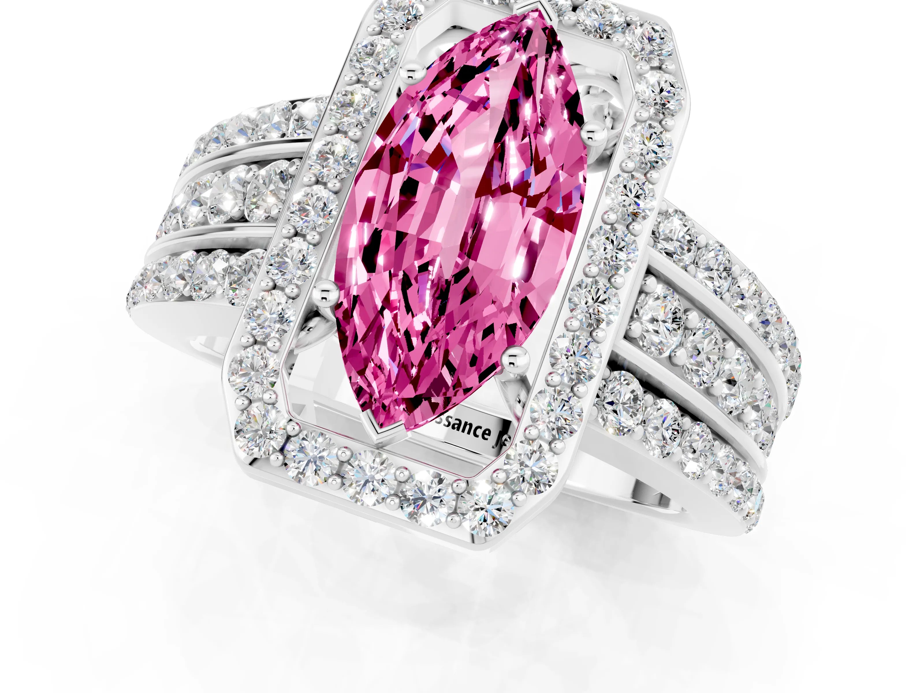 White gold Marquise Cut Halo Pink Sapphire Ring with Split Shank and Four-Prong Setting_25