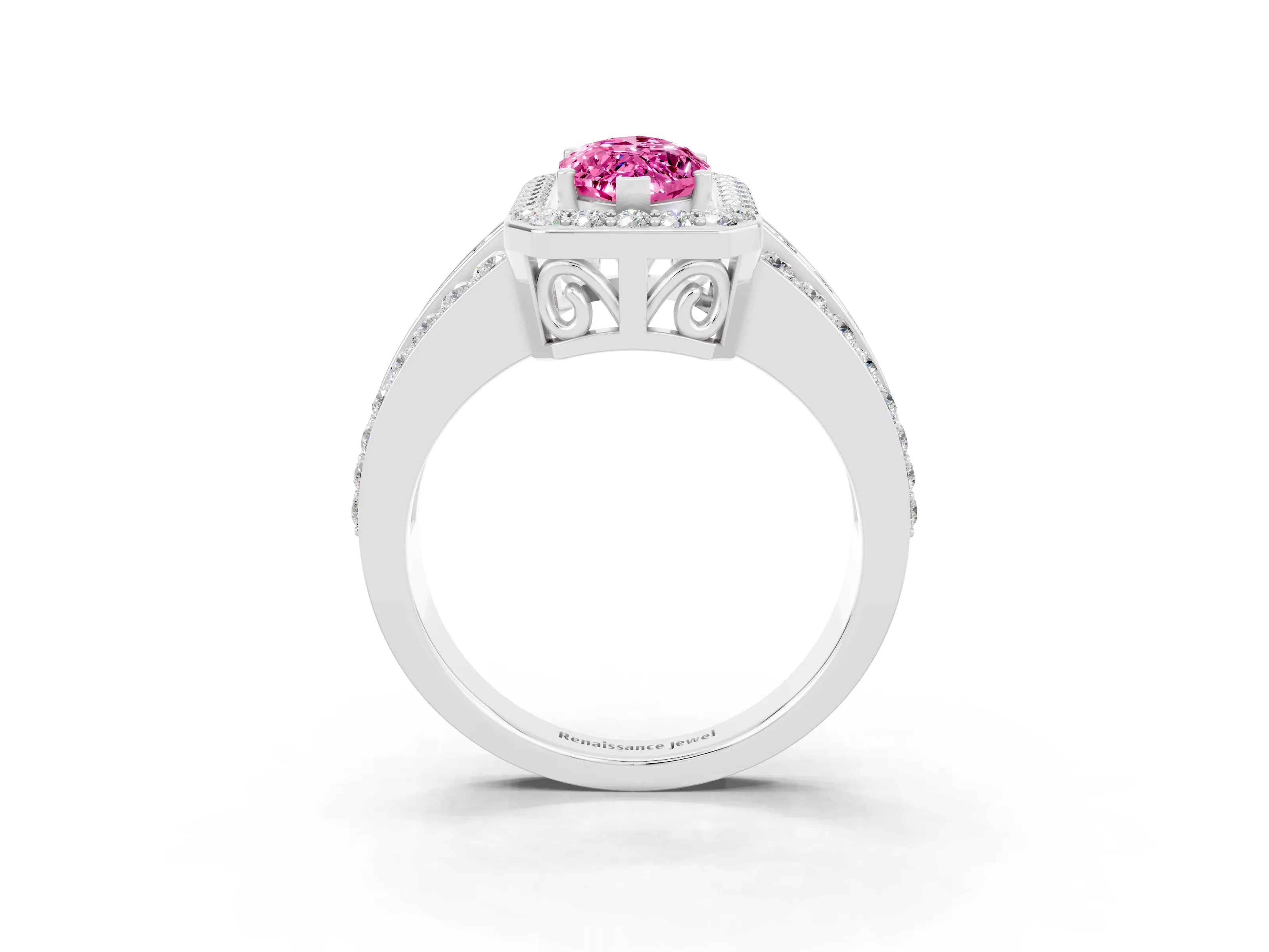 White gold Marquise Cut Halo Pink Sapphire Ring with Split Shank and Four-Prong Setting_27