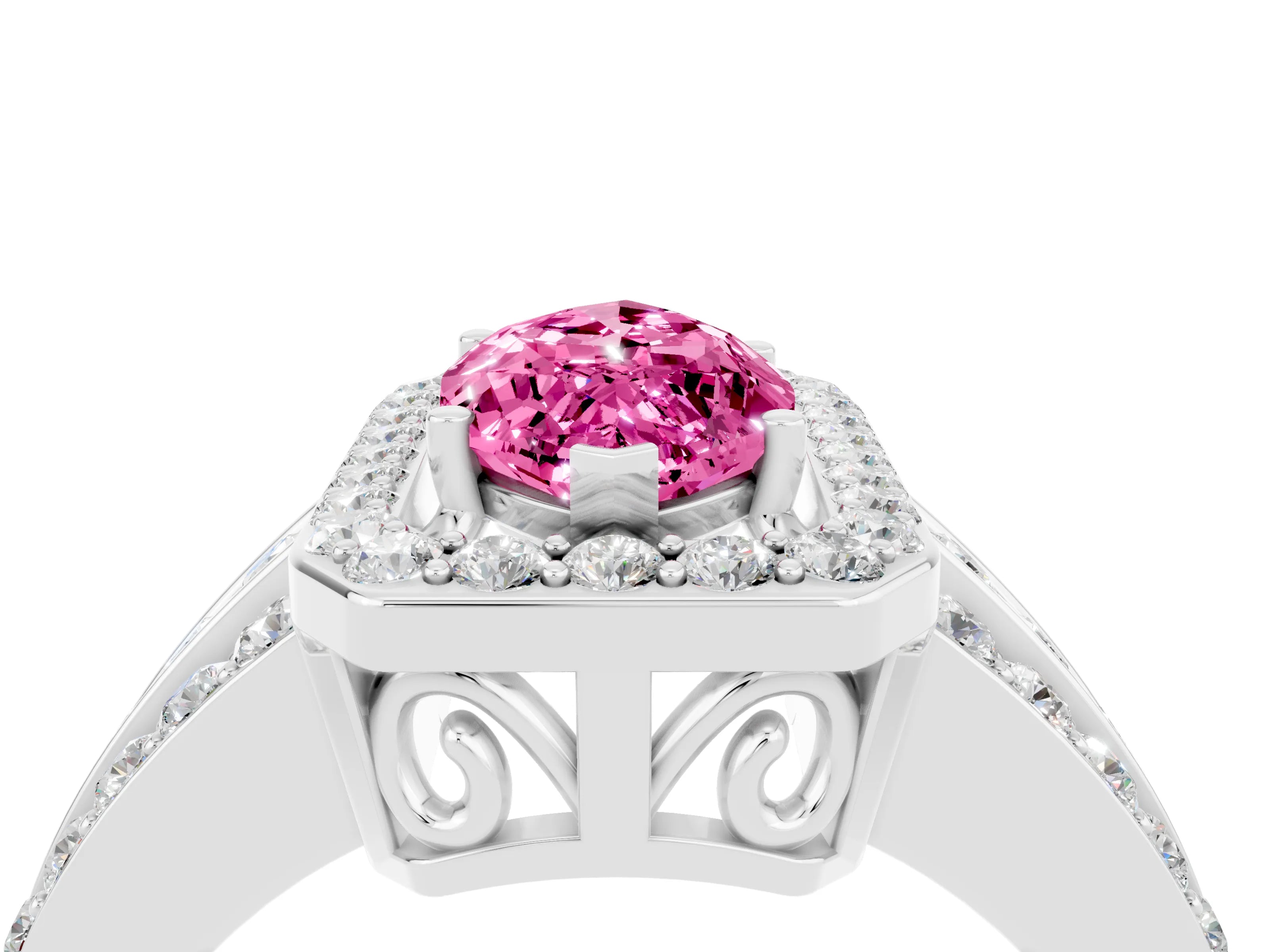 White gold Marquise Cut Halo Pink Sapphire Ring with Split Shank and Four-Prong Setting_28