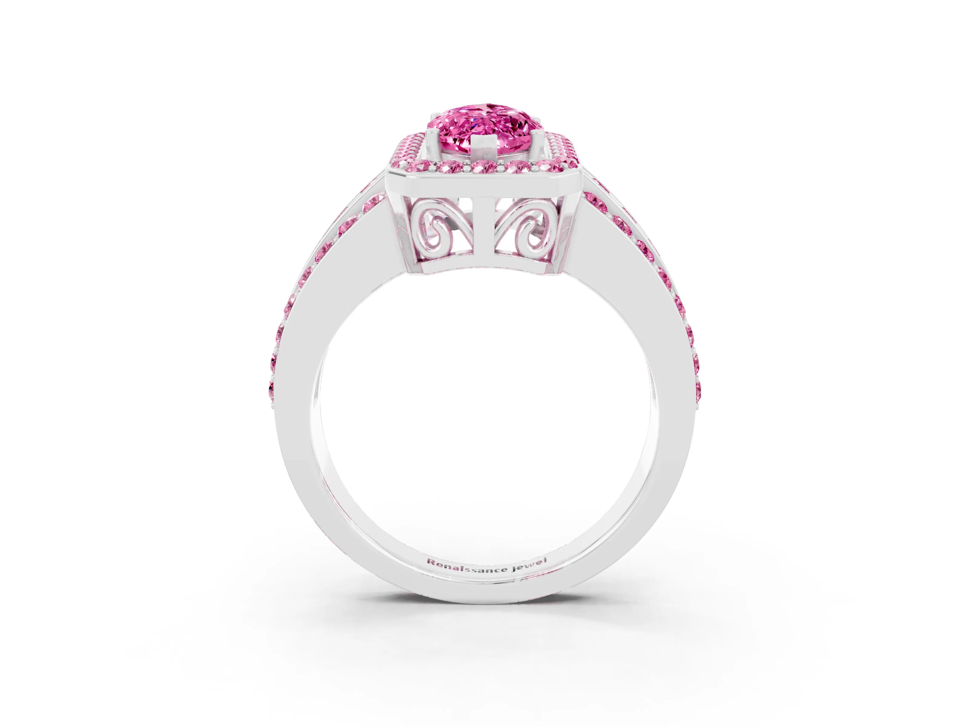 White gold Marquise Cut Halo Pink Sapphire Ring with Split Shank and Four-Prong Setting_3