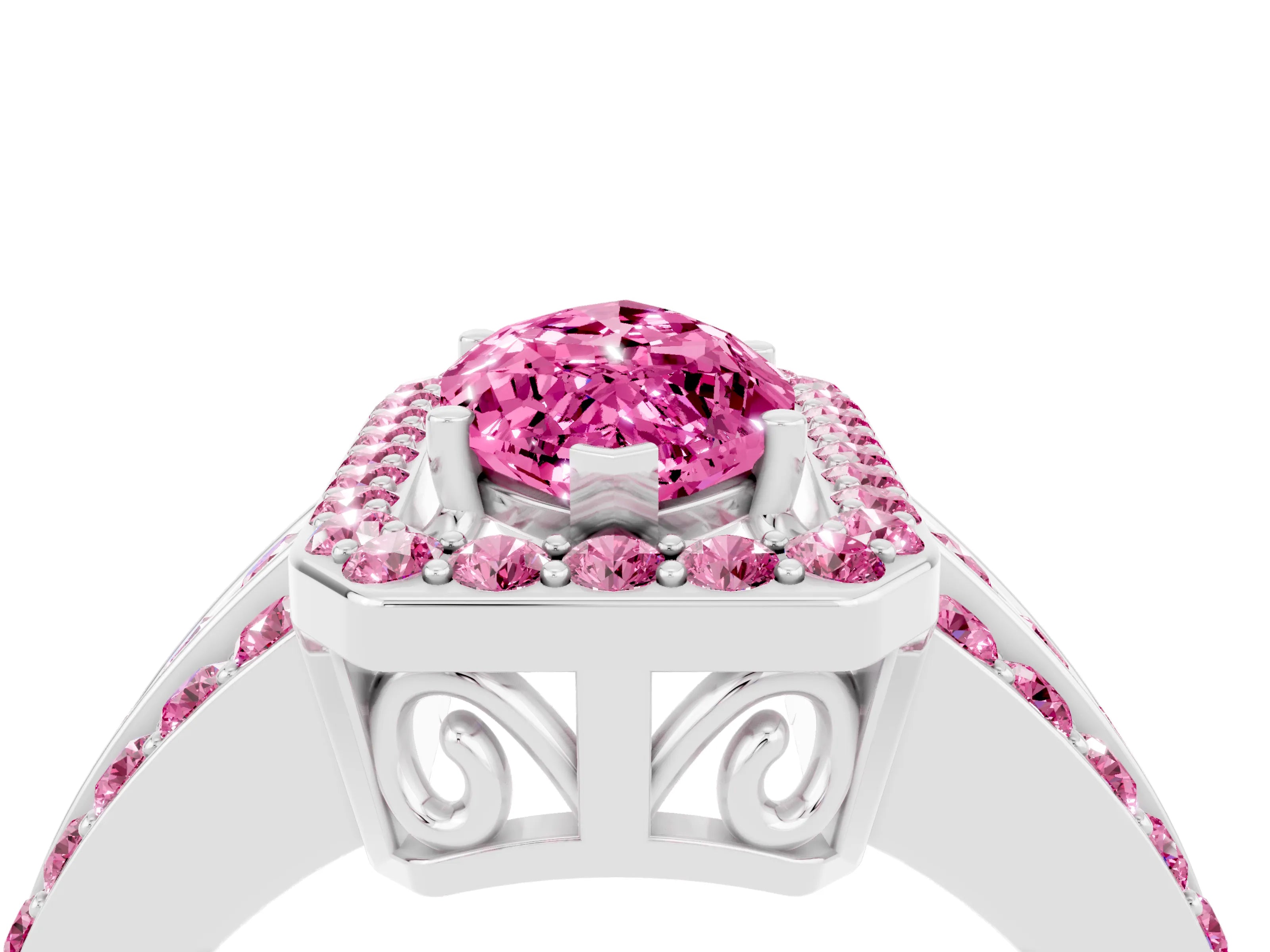 White gold Marquise Cut Halo Pink Sapphire Ring with Split Shank and Four-Prong Setting_4