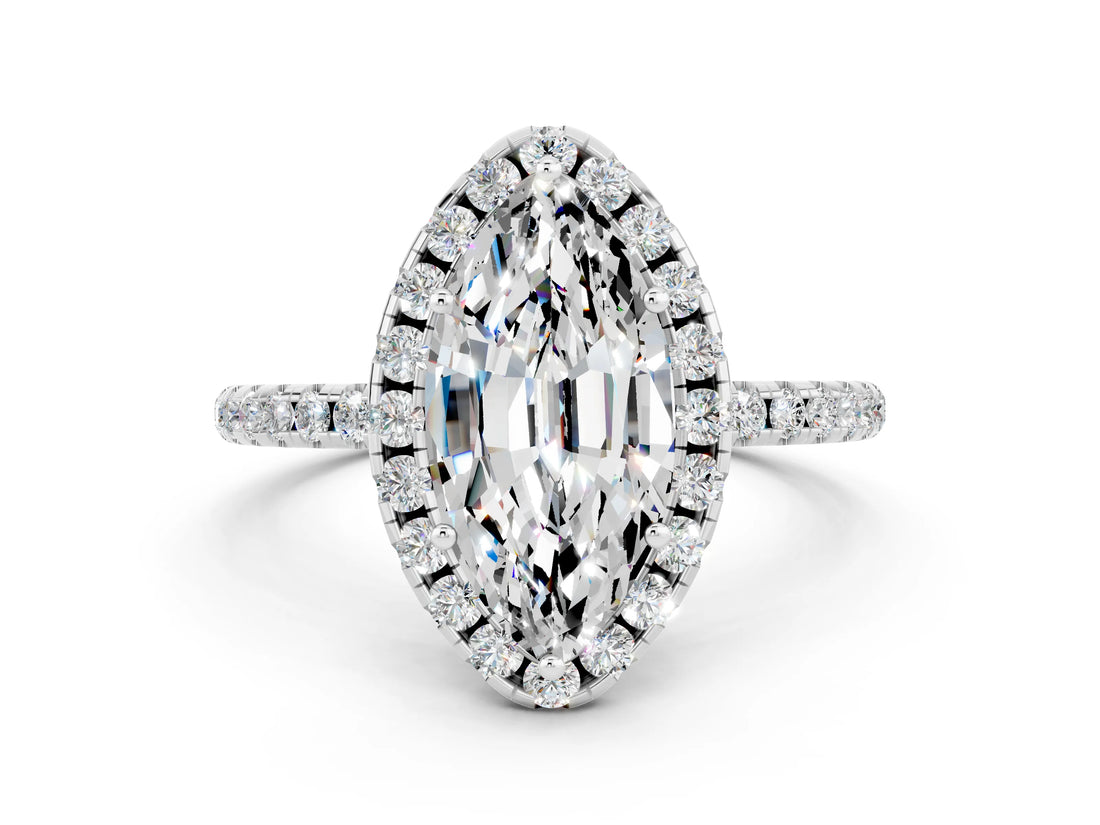 White gold Marquise Cut Halo Round Diamond Pavé Band Four-Prong Ring