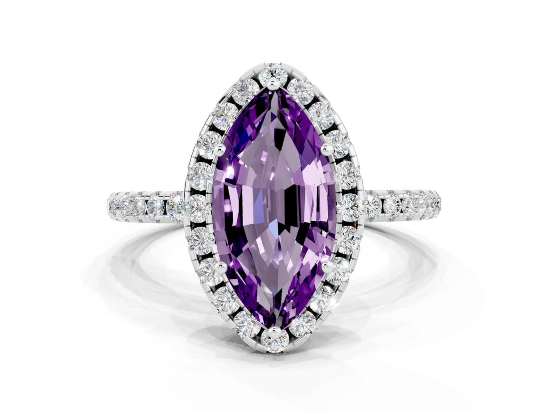 White gold Marquise Cut Halo Round Diamond Pavé Band Four-Prong Ring
