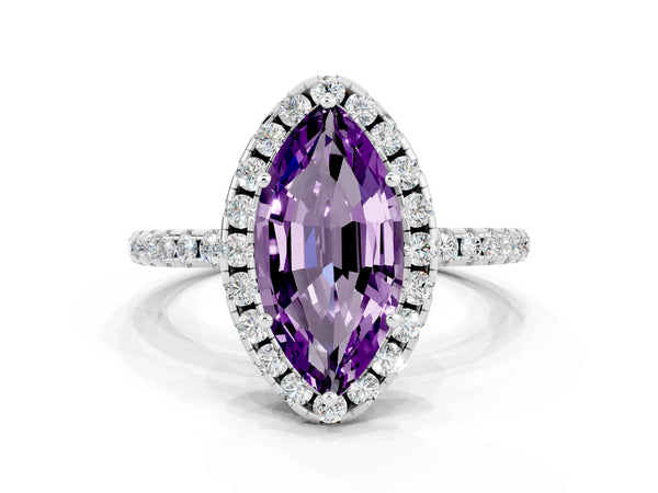 Silver Marquise Cut Amethyst Halo Ring with Round Pavé Band and Prong Setting
