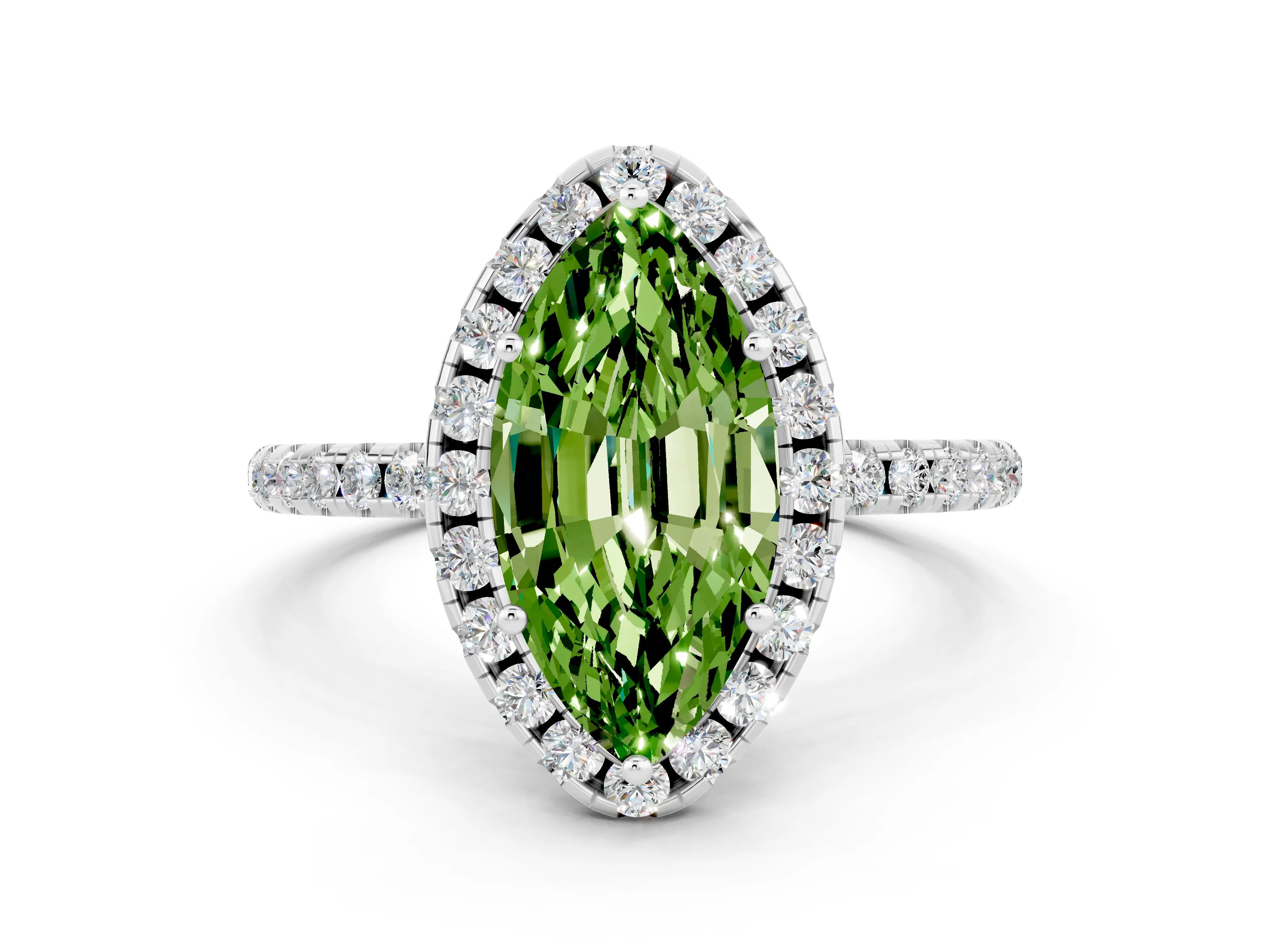 White gold Marquise Cut Halo Round Diamond Pavé Band Four-Prong Ring