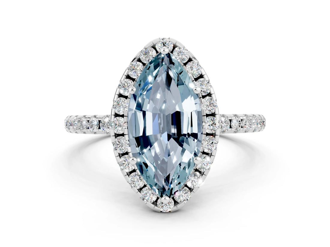 White gold Marquise Cut Halo Round Diamond Pavé Band Four-Prong Ring