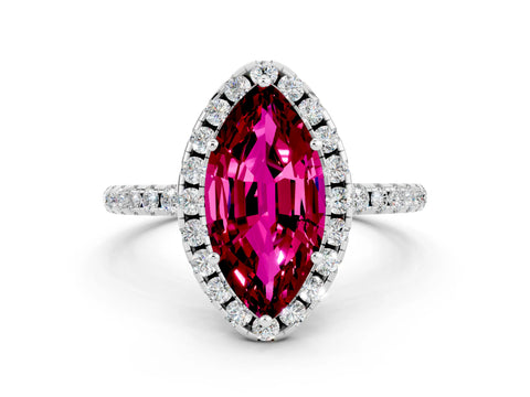 White gold Marquise Cut Halo Round Diamond Pavé Band Four-Prong Ring
