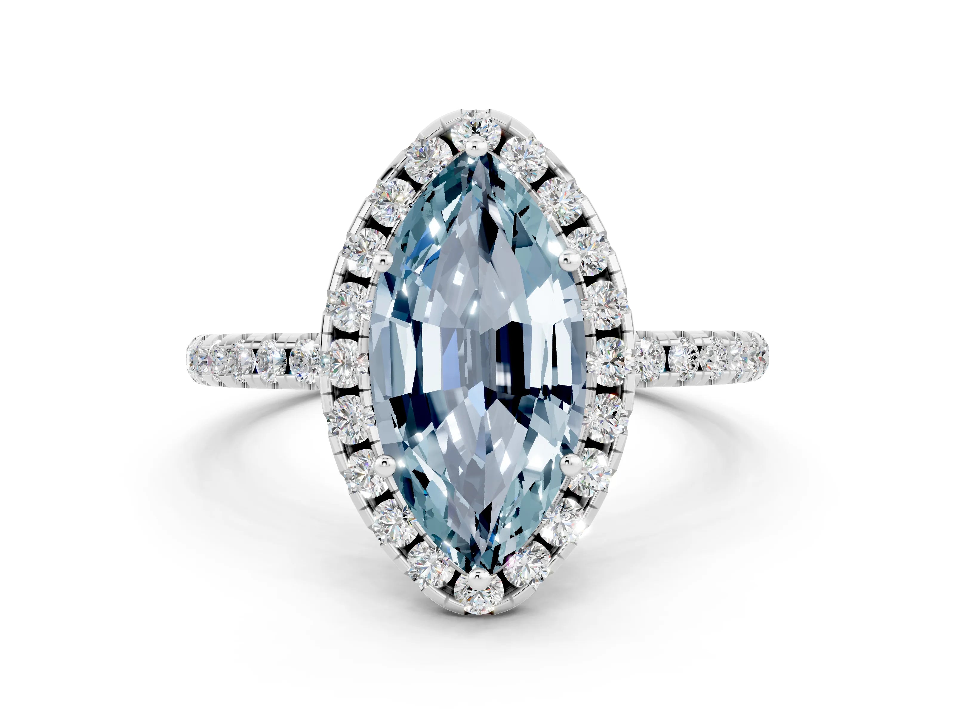 White gold Marquise Cut Halo Round Diamond Pavé Band Four-Prong Ring