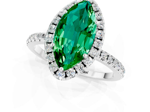 White gold Marquise Cut Halo Round Diamond Pavé Band Four-Prong Ring_1