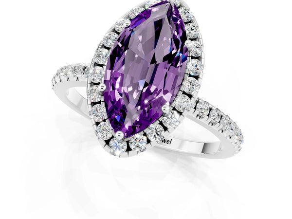 Platinum Marquise Cut Amethyst Halo Ring with Round Pavé Band and Prong Setting