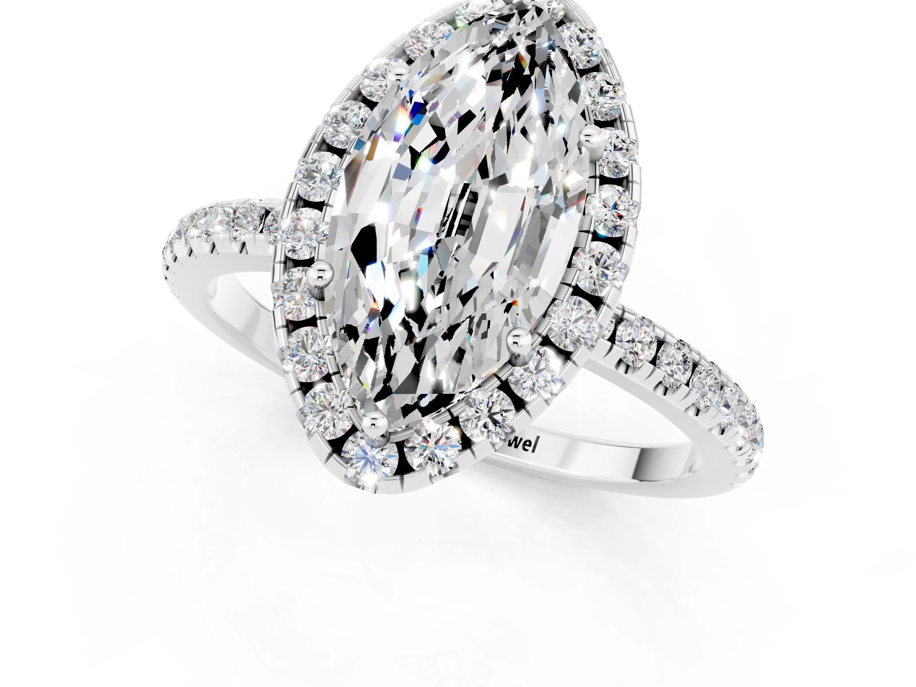 White gold Marquise Cut Halo Round Diamond Pavé Band Four-Prong Ring_1