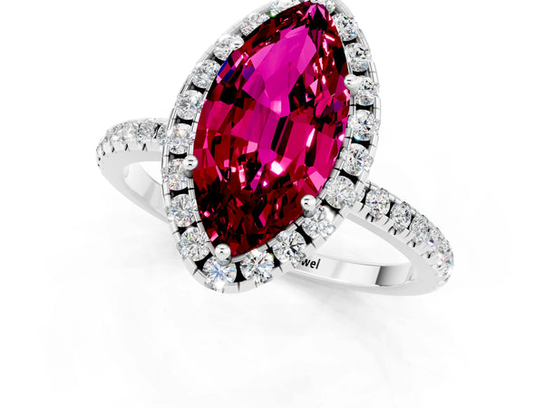 Platinum Marquise Cut Garnet Halo Ring with Round Pavé Band and Prong Setting
