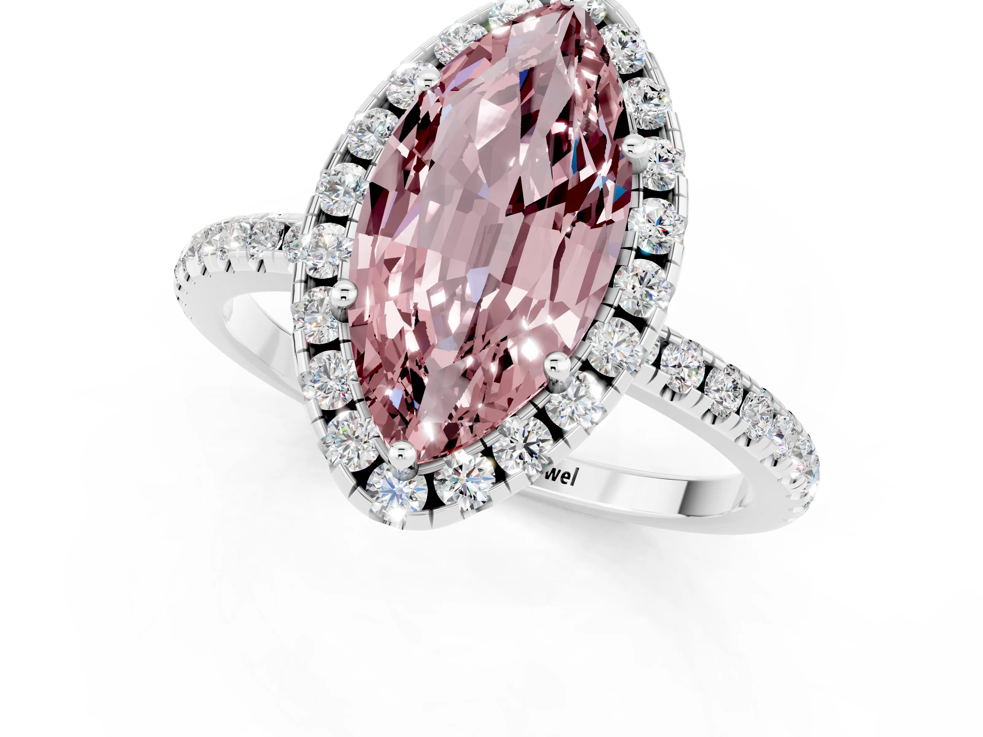White gold Marquise Cut Halo Round Diamond Pavé Band Four-Prong Ring_1