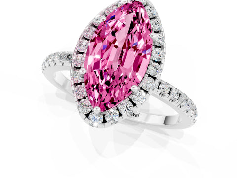 White gold Marquise Cut Halo Round Diamond Pavé Band Four-Prong Ring_1