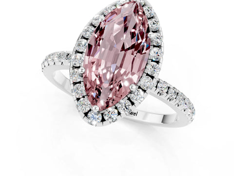White gold Marquise Cut Halo Round Diamond Pavé Band Four-Prong Ring_1