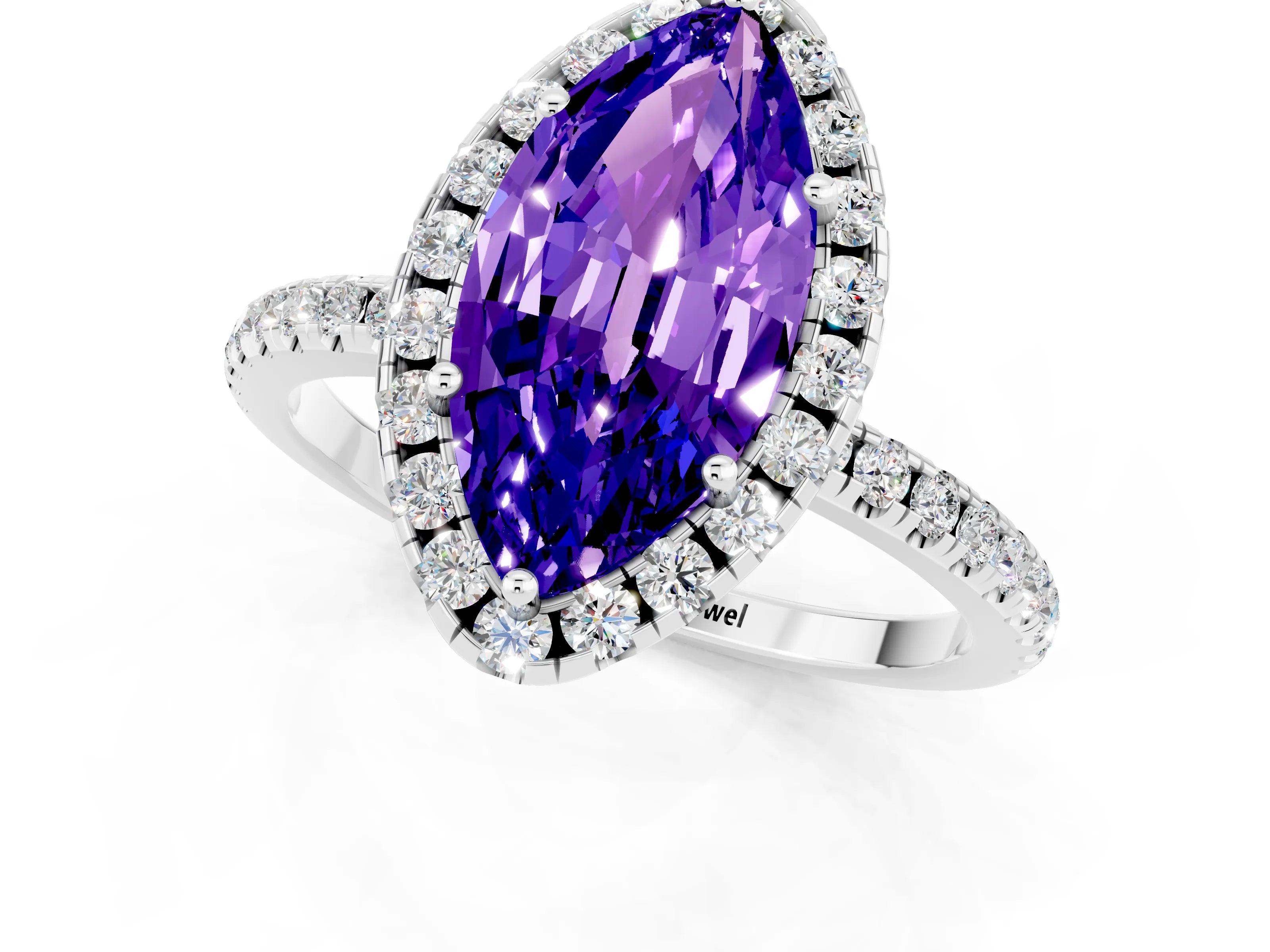 White gold Marquise Cut Halo Round Diamond Pavé Band Four-Prong Ring_1