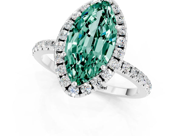 White gold Marquise Cut Green Sapphire Halo Ring with Round Pavé Band and Prong Setting