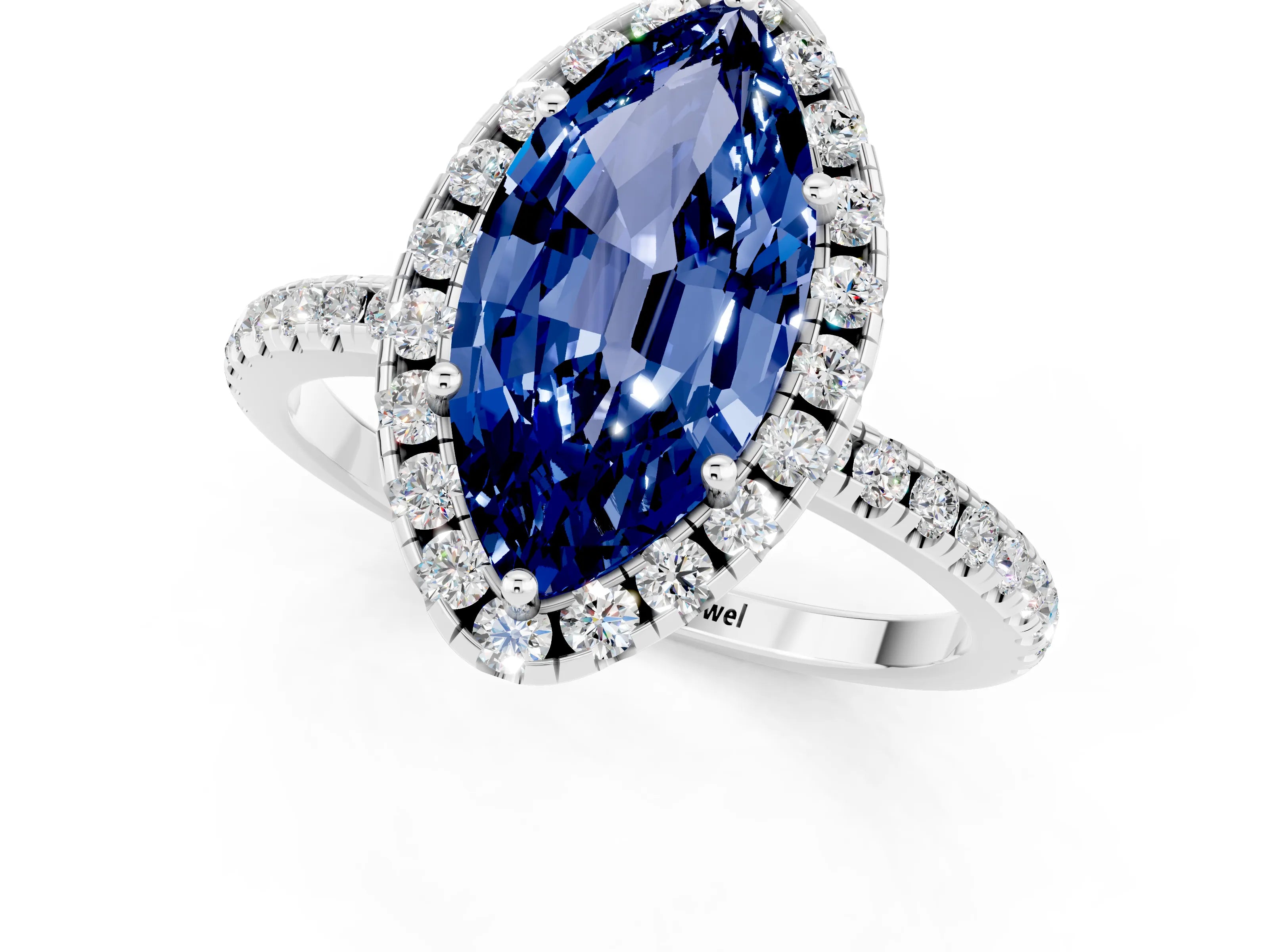 White gold Marquise Cut Halo Round Diamond Pavé Band Four-Prong Ring_1