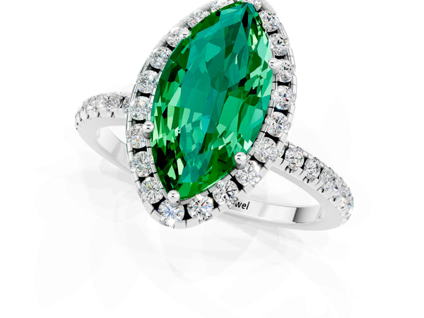 Platinum Marquise Cut Emerald Halo Ring with Round Pavé Band and Prong Setting