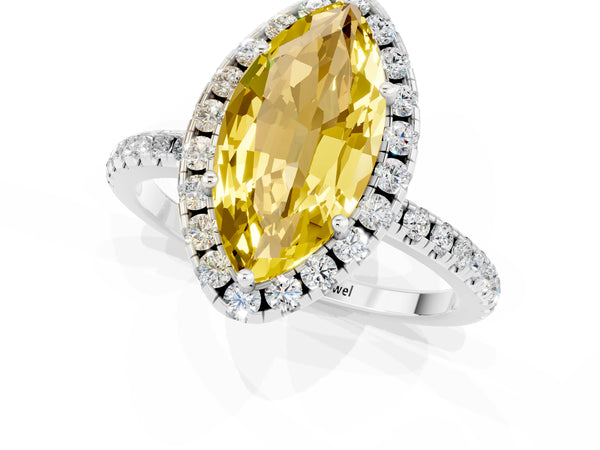 Silver Marquise Cut Yellow Sapphire Halo Ring with Round Pavé Band and Prong Setting