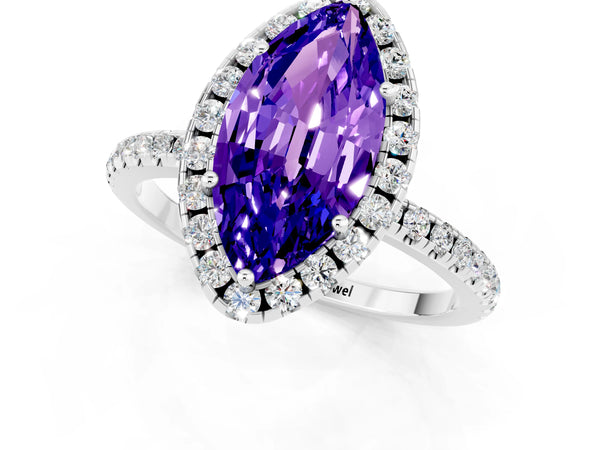 White gold Marquise Cut Tanzanite Halo Ring with Round Pavé Band and Prong Setting