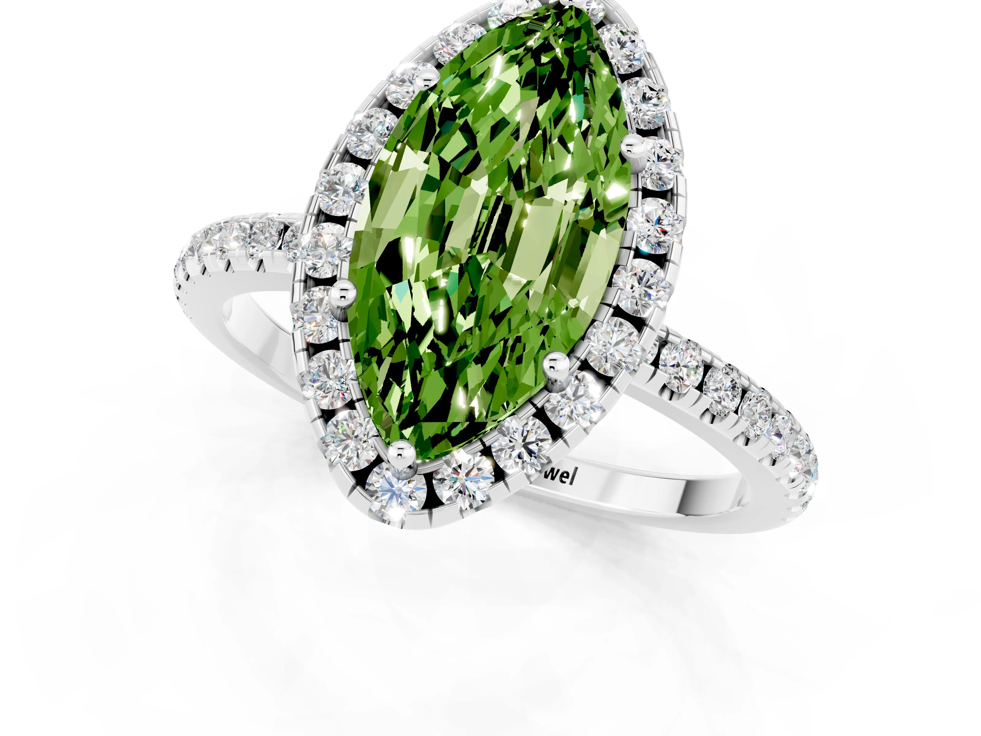 White gold Marquise Cut Halo Round Diamond Pavé Band Four-Prong Ring_1