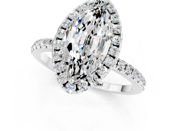 White gold Marquise Cut Moissanite Halo Ring with Round Pavé Band and Prong Setting