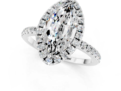 White gold Marquise Cut Halo Round Diamond Pavé Band Four-Prong Ring_1