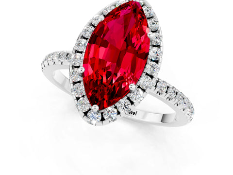 White gold Marquise Cut Halo Round Diamond Pavé Band Four-Prong Ring_1