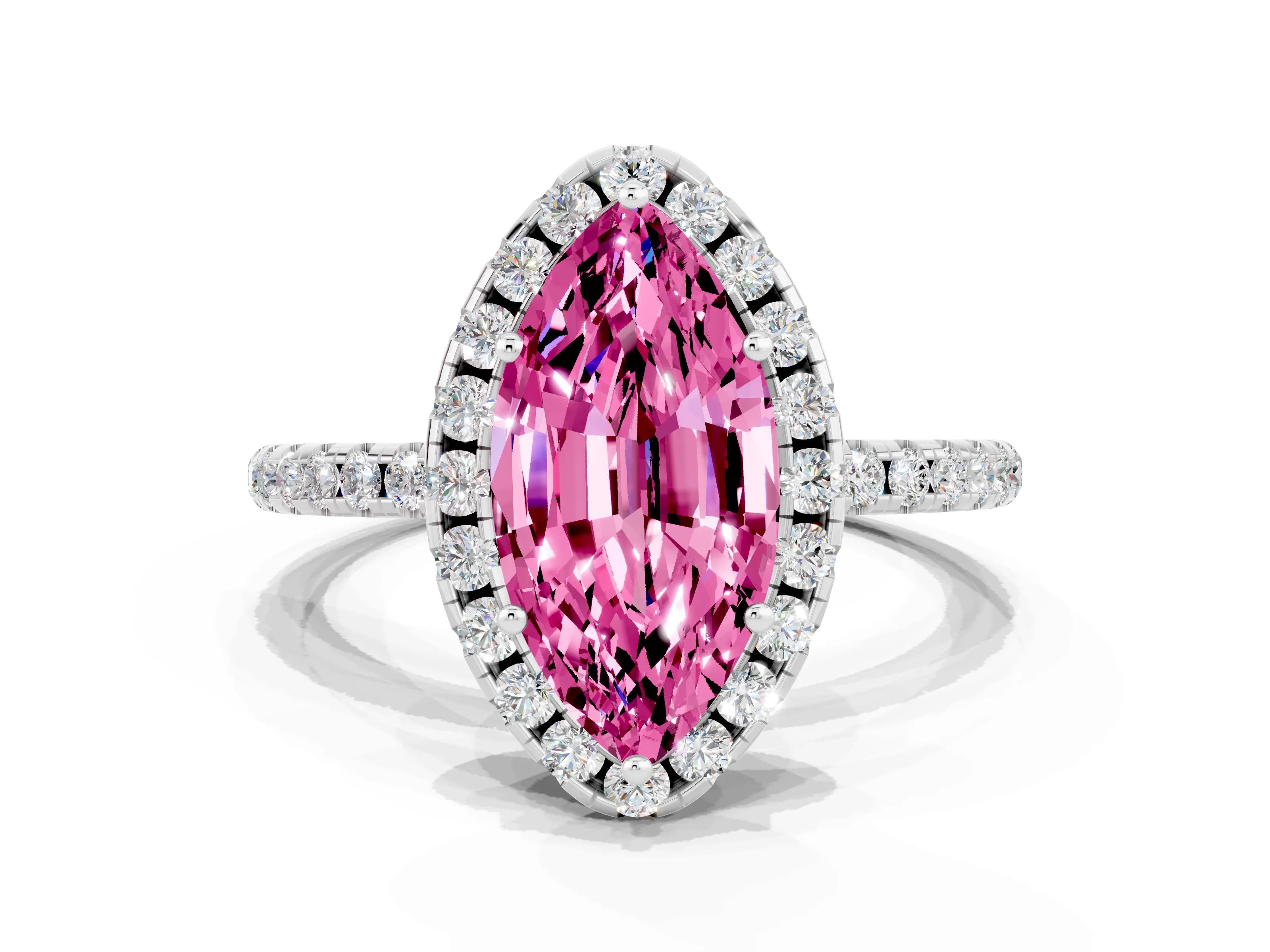 White gold Marquise Cut Halo Round Diamond Pavé Band Four-Prong Ring