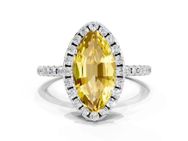 Silver Marquise Cut Yellow Sapphire Halo Ring with Round Pavé Band and Prong Setting