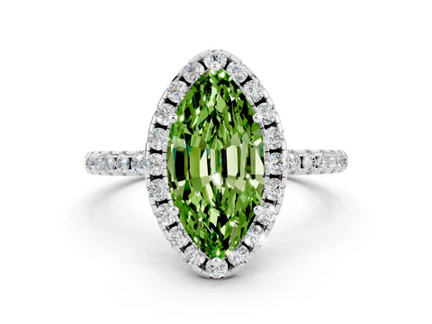 White gold Marquise Cut Halo Round Diamond Pavé Band Four-Prong Ring