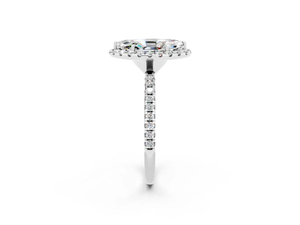 White gold Marquise Cut Moissanite Halo Ring with Round Pavé Band and Prong Setting