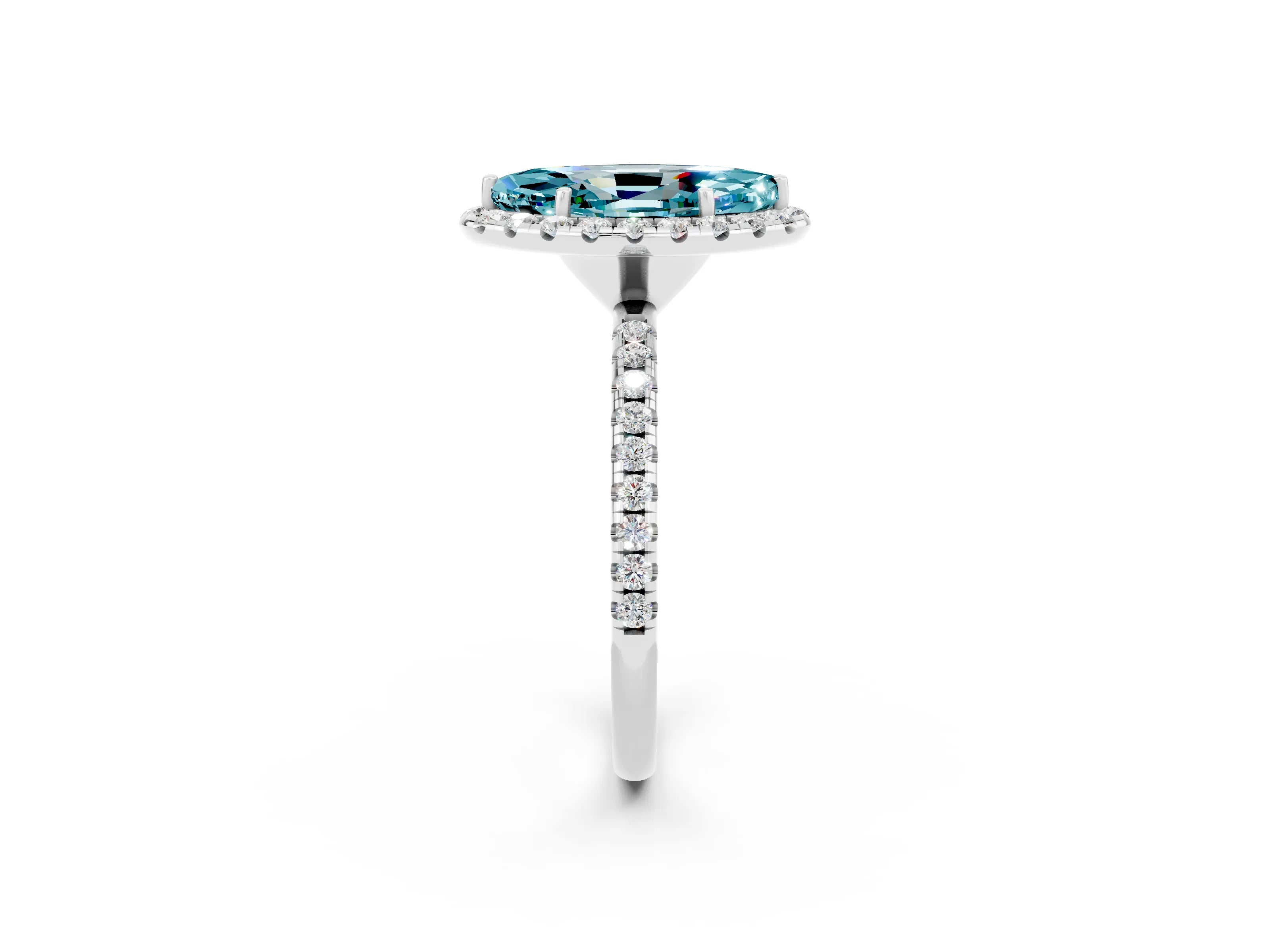 White gold Marquise Cut Halo Round Diamond Pavé Band Four-Prong Ring_2