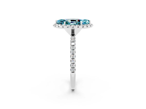 Platinum Marquise Cut Halo Round Diamond Pavé Band Four-Prong Ring