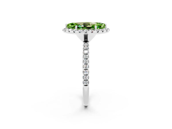 Platinum Marquise Cut Halo Round Diamond Pavé Band Four-Prong Ring