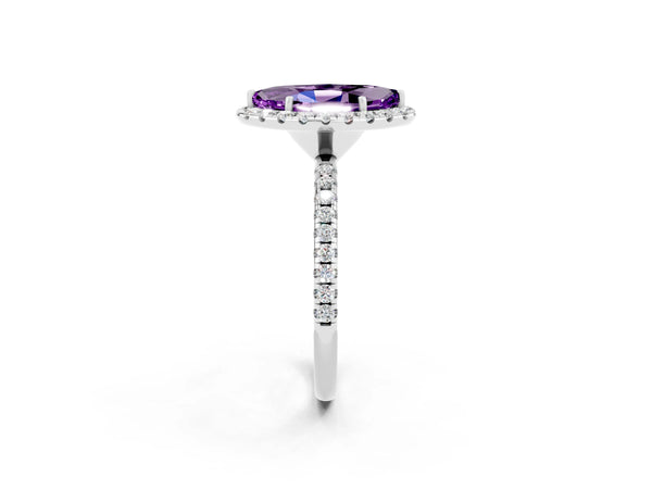 Platinum Marquise Cut Amethyst Halo Ring with Round Pavé Band and Prong Setting