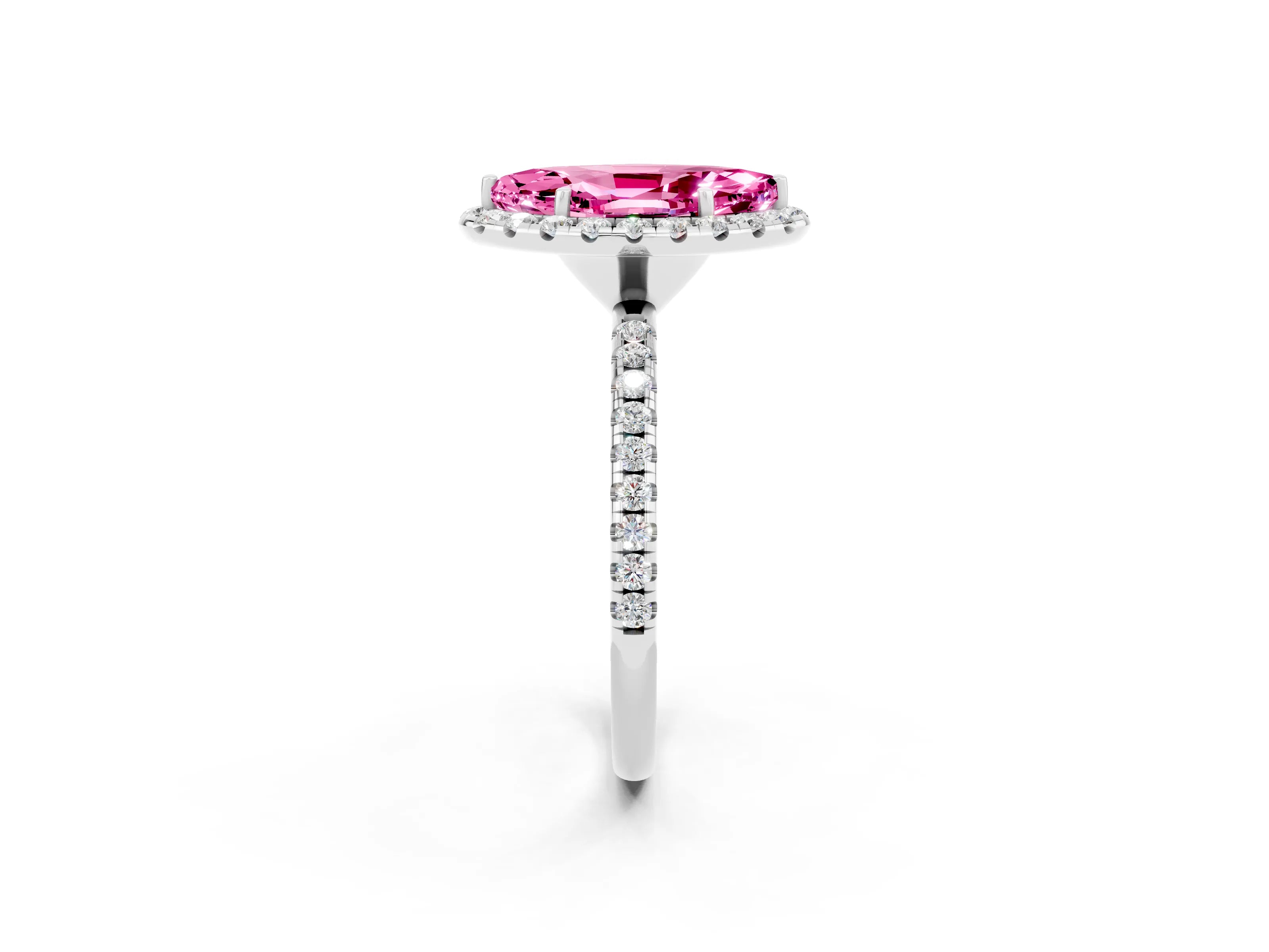 White gold Marquise Cut Halo Round Diamond Pavé Band Four-Prong Ring_2