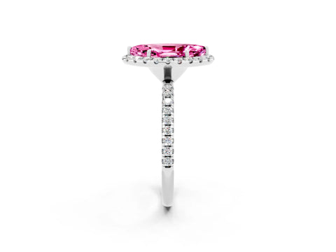 White gold Marquise Cut Halo Round Diamond Pavé Band Four-Prong Ring_2
