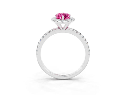 White gold Marquise Cut Halo Round Diamond Pavé Band Four-Prong Ring_3
