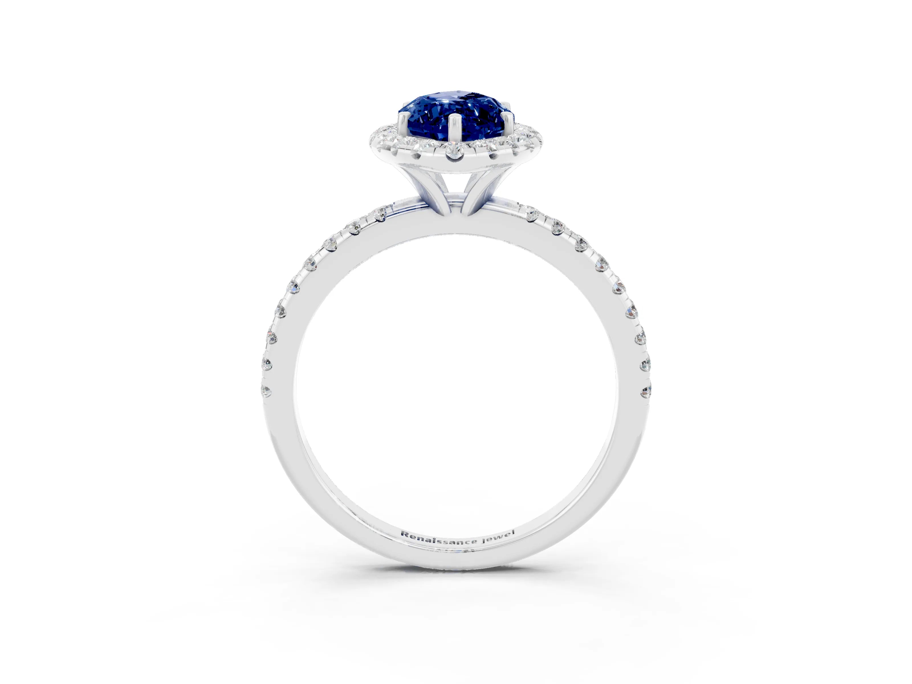 White gold Marquise Cut Halo Round Diamond Pavé Band Four-Prong Ring_3