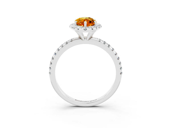 Platinum Marquise Cut Citrine Halo Ring with Round Pavé Band and Prong Setting