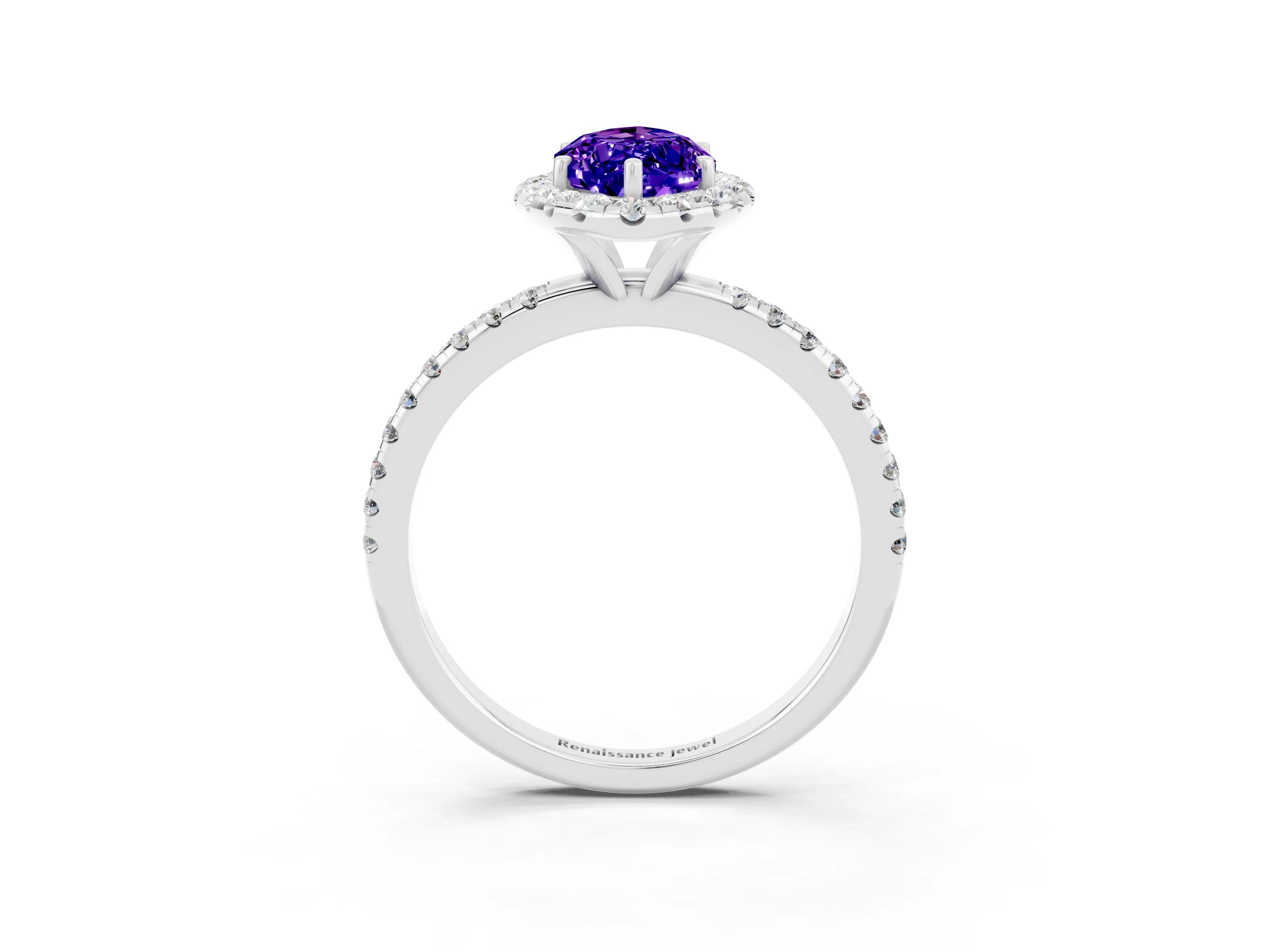 White gold Marquise Cut Halo Round Diamond Pavé Band Four-Prong Ring_3