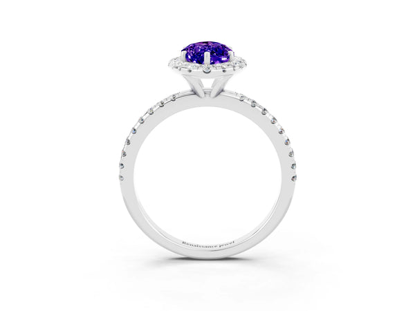 White gold Marquise Cut Tanzanite Halo Ring with Round Pavé Band and Prong Setting